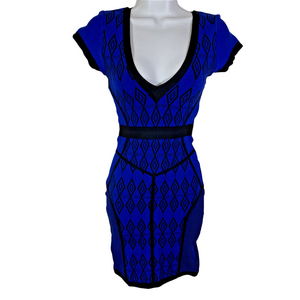Stretta Blue V-Neck Bandage Bodycon Dress Cap Sleeve Sz XS